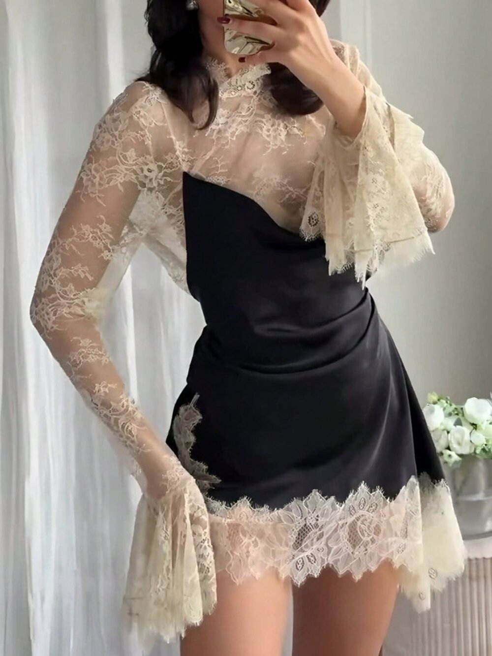 Black Sexy Women's Lace Contrast Flare Sleeve A-Line Mini Dress